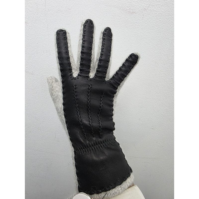 Guante dorso piel y lana ANGORA. GRIS