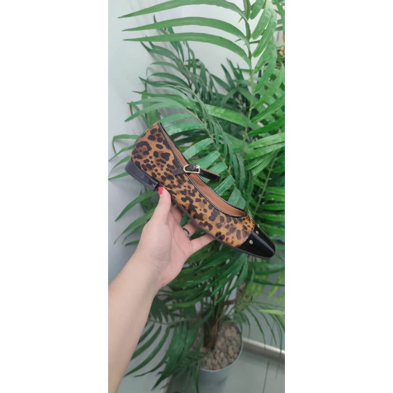 Manoletina Negro/ Leopardo con tira puntera cuadrada